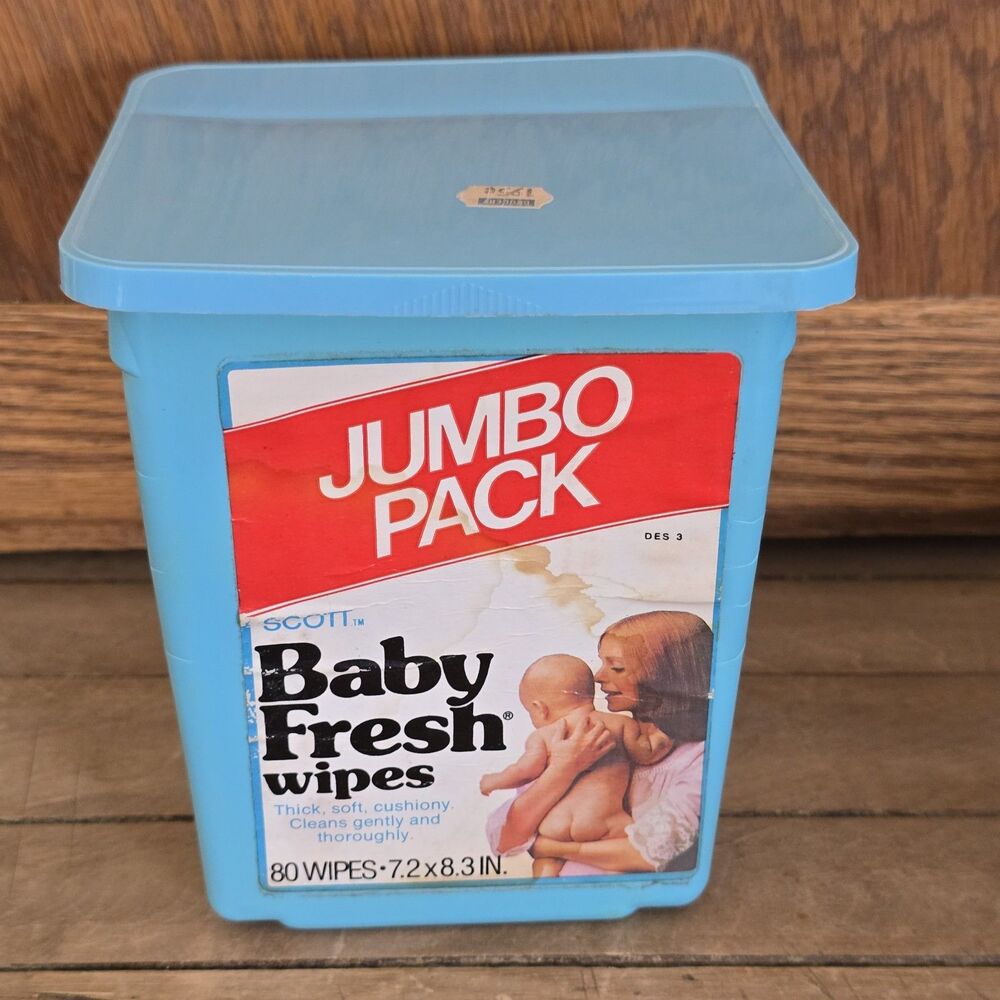 Vintage Scott Baby Fresh Wipes Plastic Container 1975 Jumbo Pack Blue Plastic